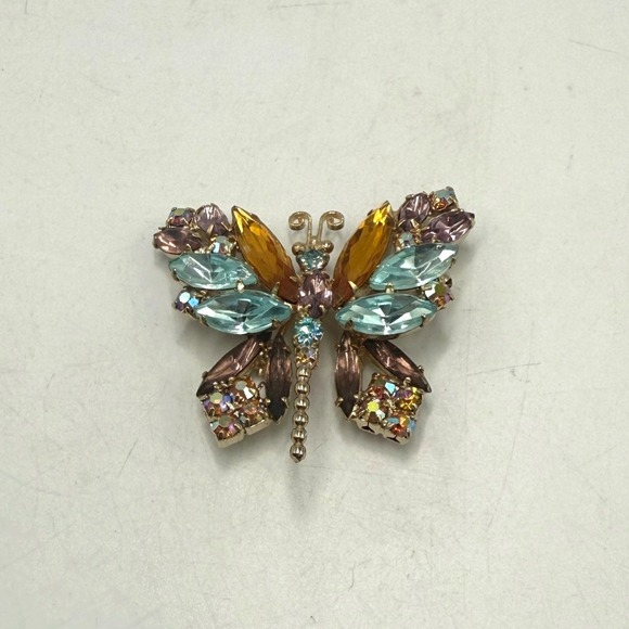 Vintage Jewelry - Vintage Multi Color Rhinestone Butterfly Brooch Gold Tone Insect Pin 2 Inch